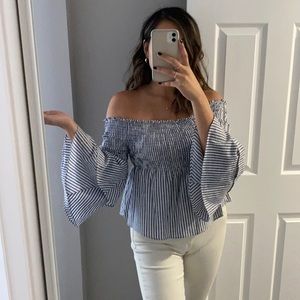 Paper heart blue and white stripped bell sleeved off-the-shoulder top